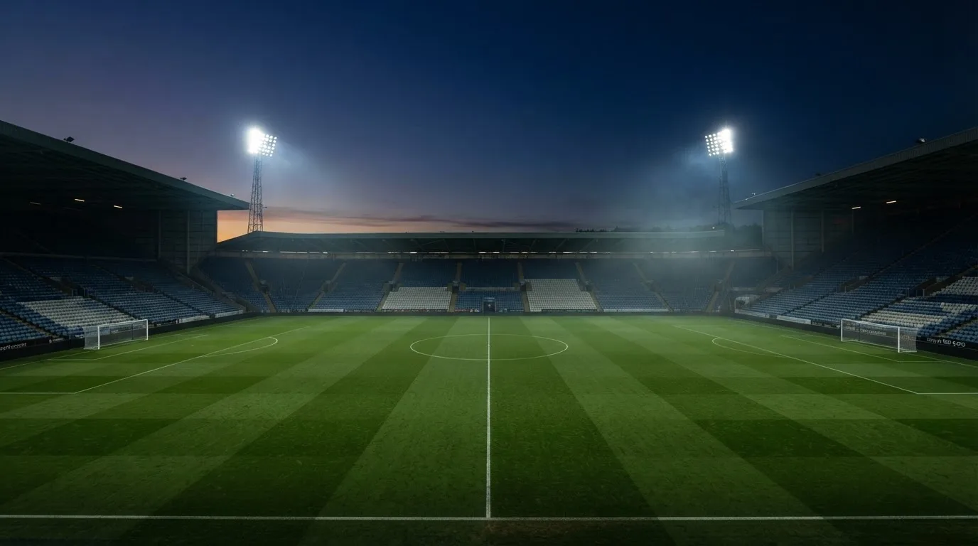 An empty football stadium with floodlight masts at dusk