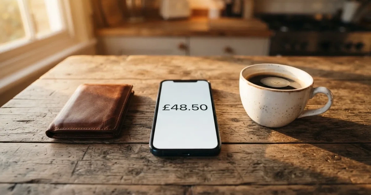 A smartphone on a wooden table beside a wallet and a coffee cup