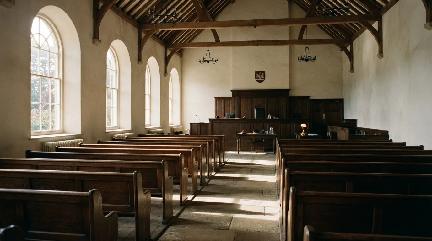 An empty courtroom with wooden benches in morning light