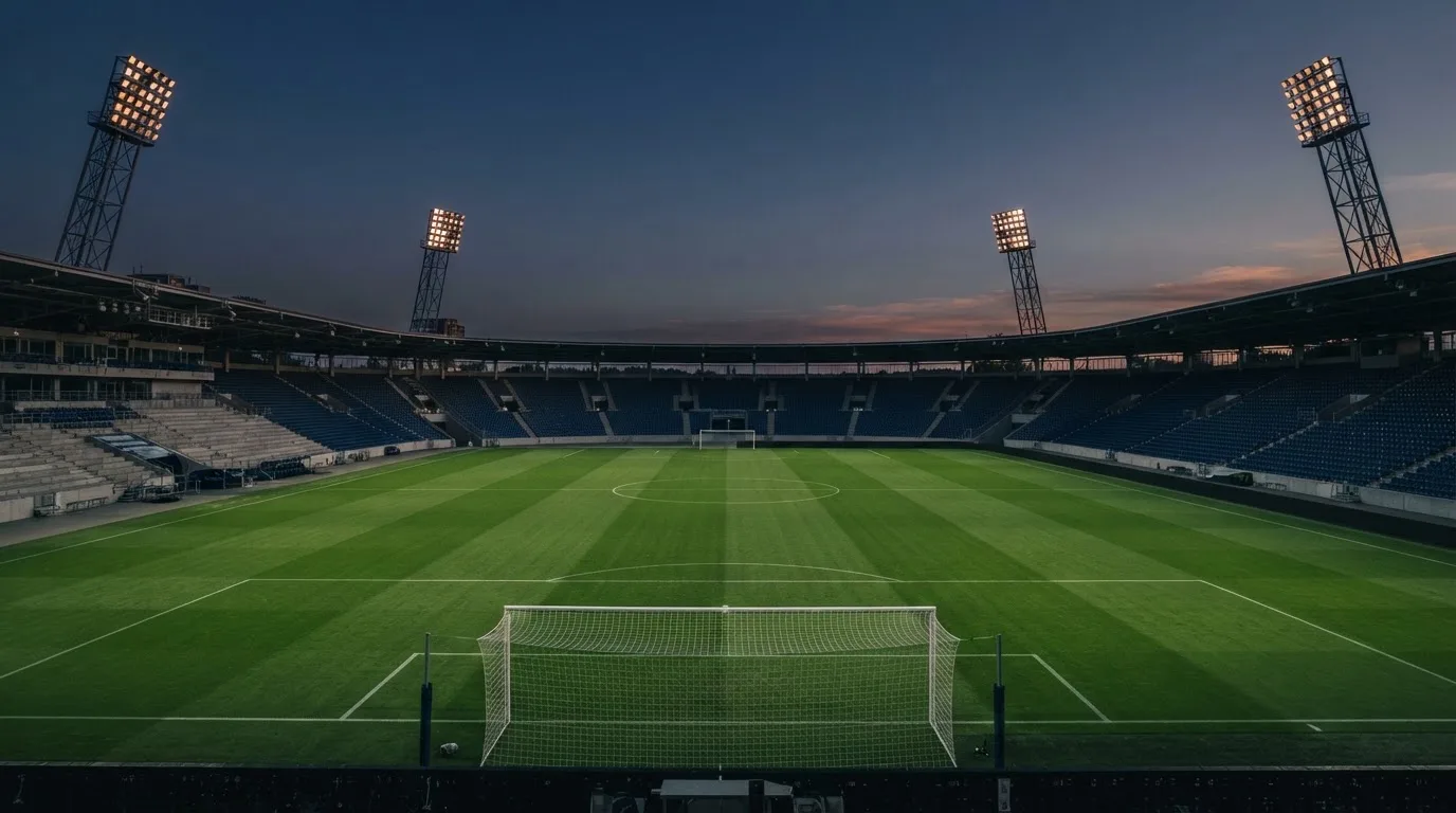 An empty football stadium with floodlight masts at dusk