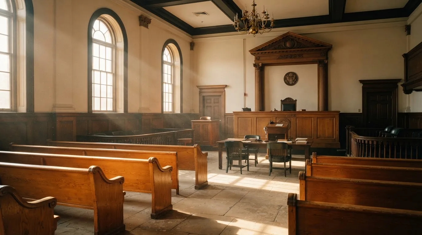 An empty courtroom with wooden benches in morning light