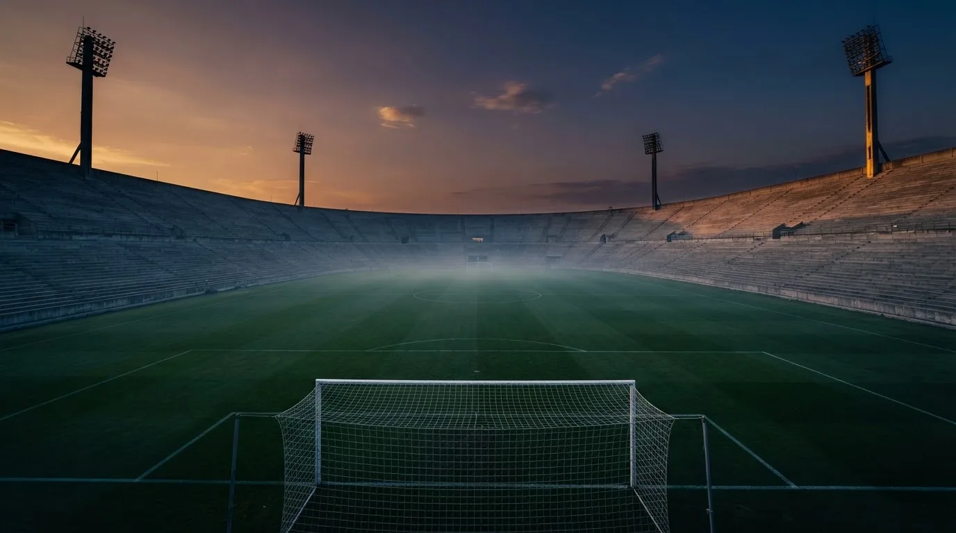 An empty football stadium with floodlight masts at dusk