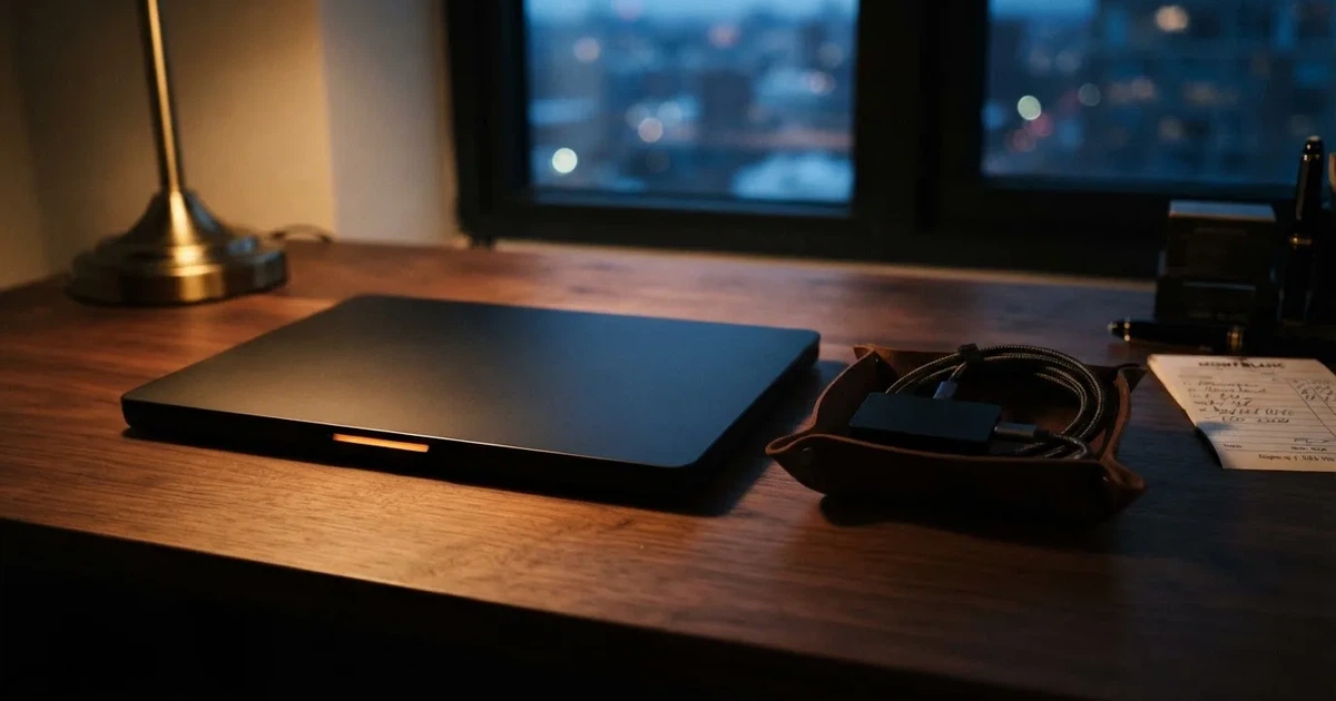 A hardware wallet and a closed laptop on a desk in dim light