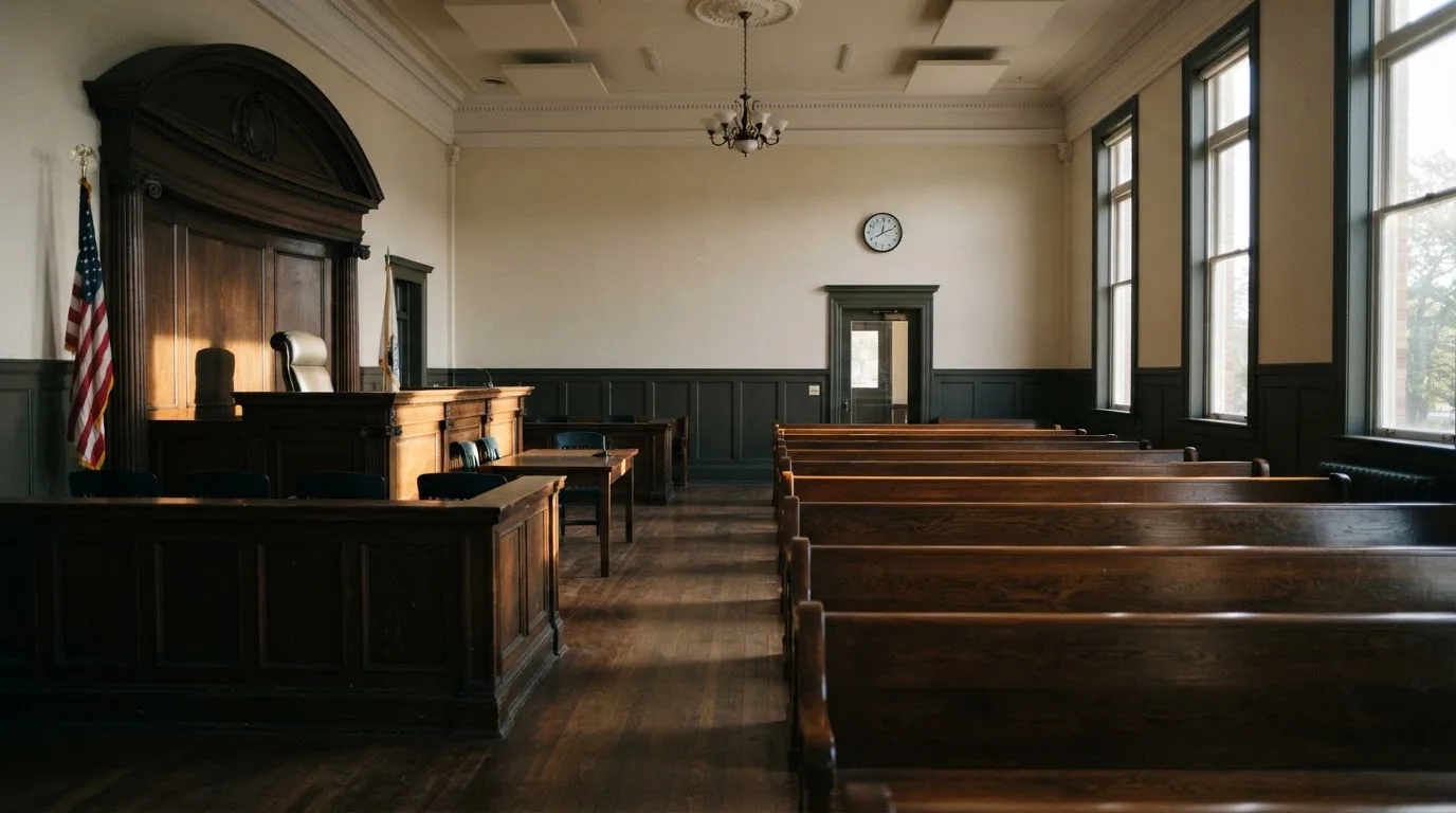 An empty courtroom with wooden benches in morning light