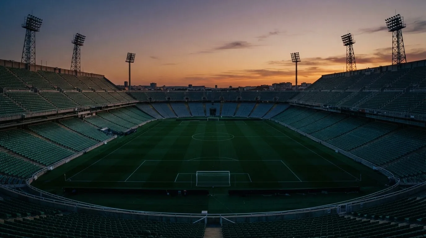 An empty football stadium with floodlight masts at dusk