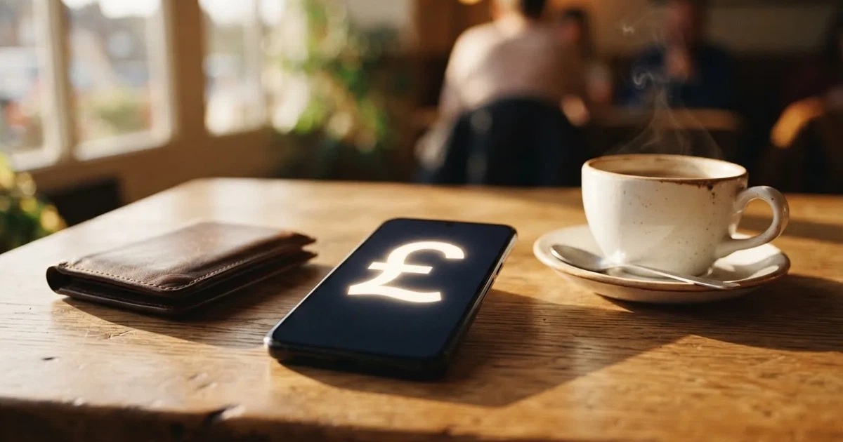 A smartphone on a wooden table beside a wallet and a coffee cup