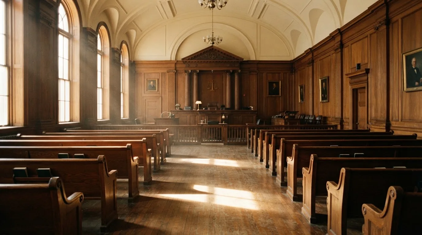 An empty courtroom with wooden benches in morning light