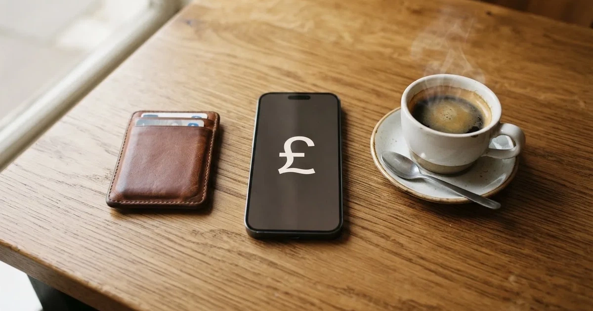 A smartphone on a wooden table beside a wallet and a coffee cup