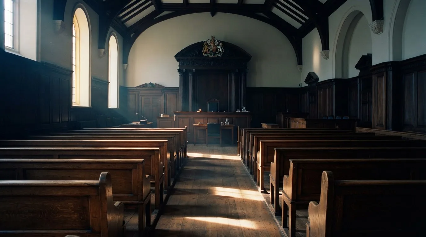 An empty courtroom with wooden benches in morning light