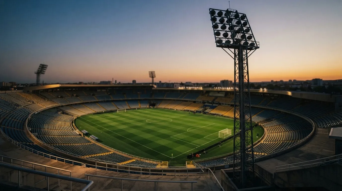 An empty football stadium with floodlight masts at dusk