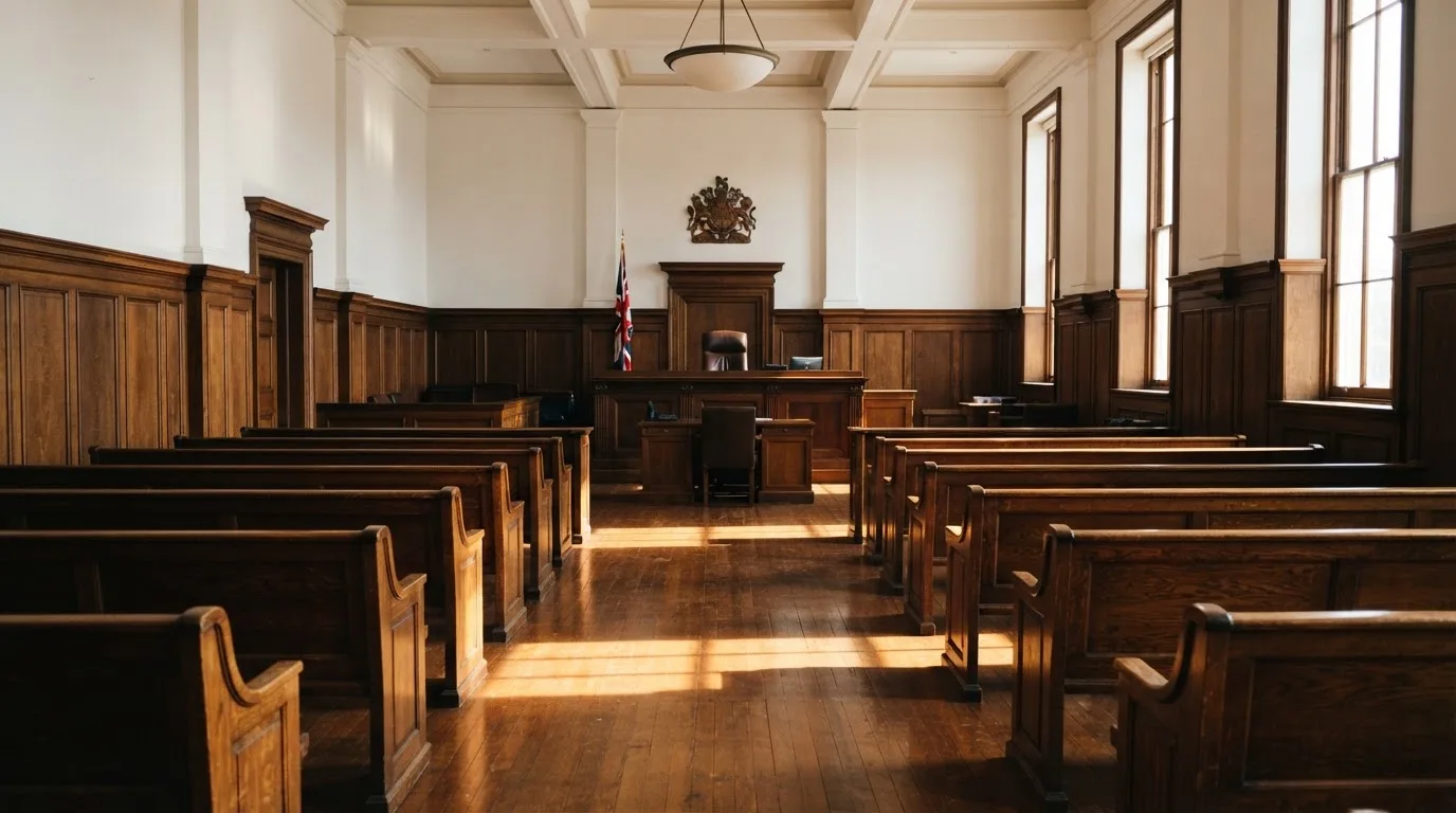 An empty courtroom with wooden benches in morning light