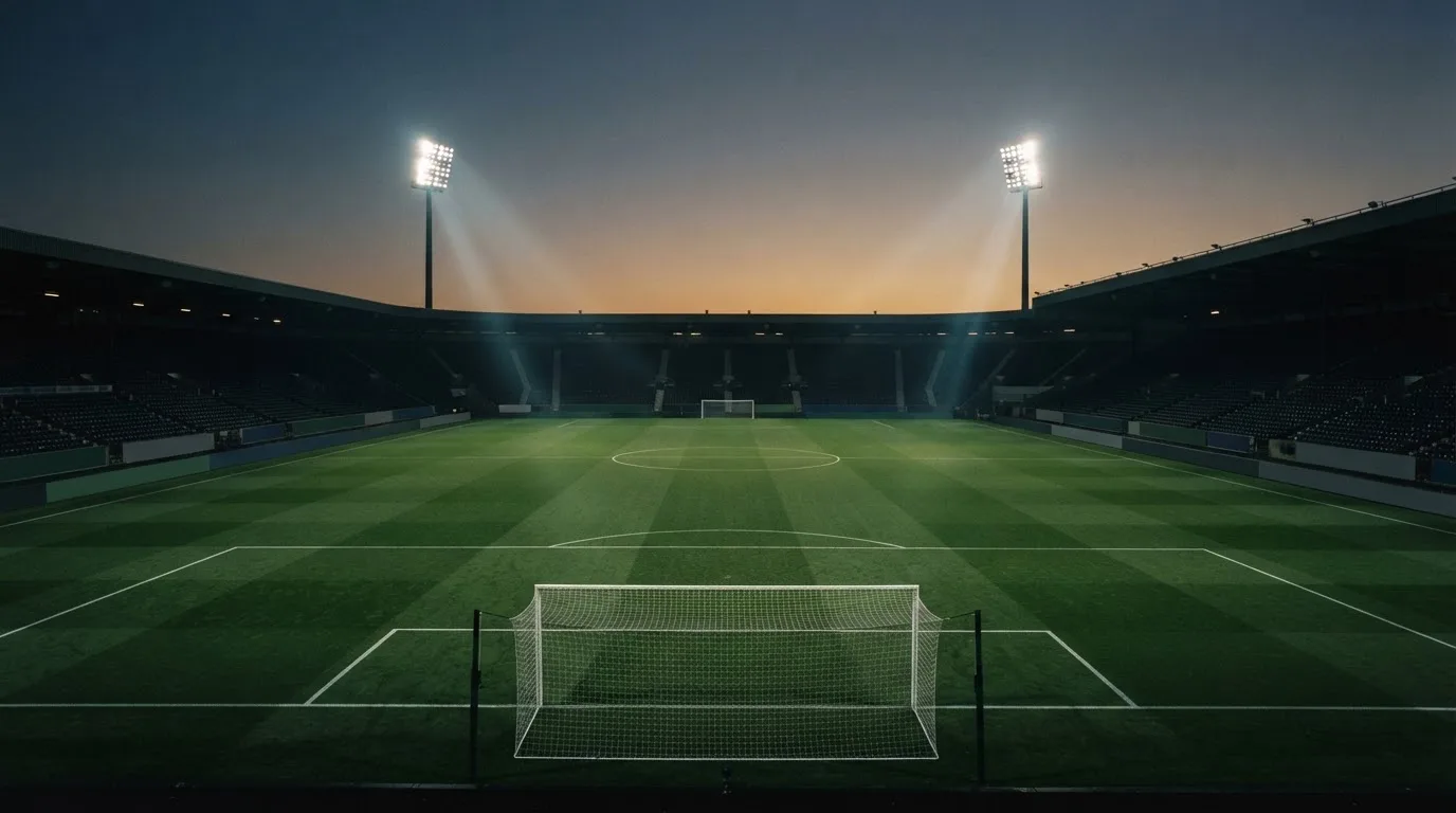 An empty football stadium with floodlight masts at dusk