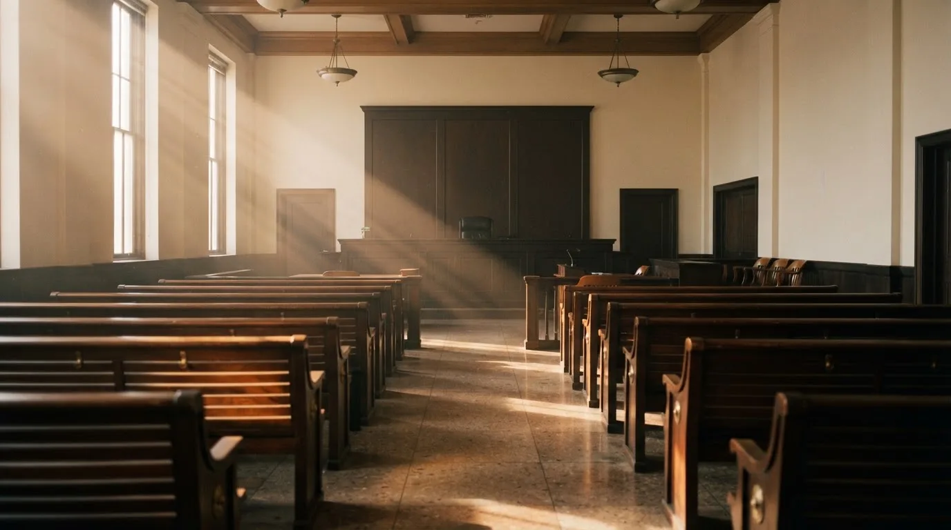 An empty courtroom with wooden benches in morning light