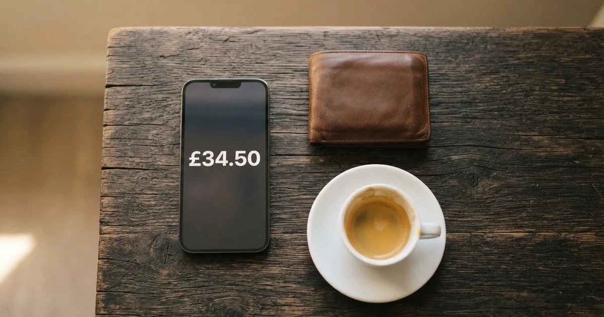 A smartphone on a wooden table beside a wallet and a coffee cup