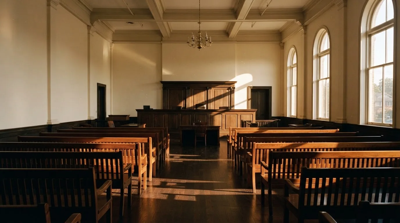 An empty courtroom with wooden benches in morning light