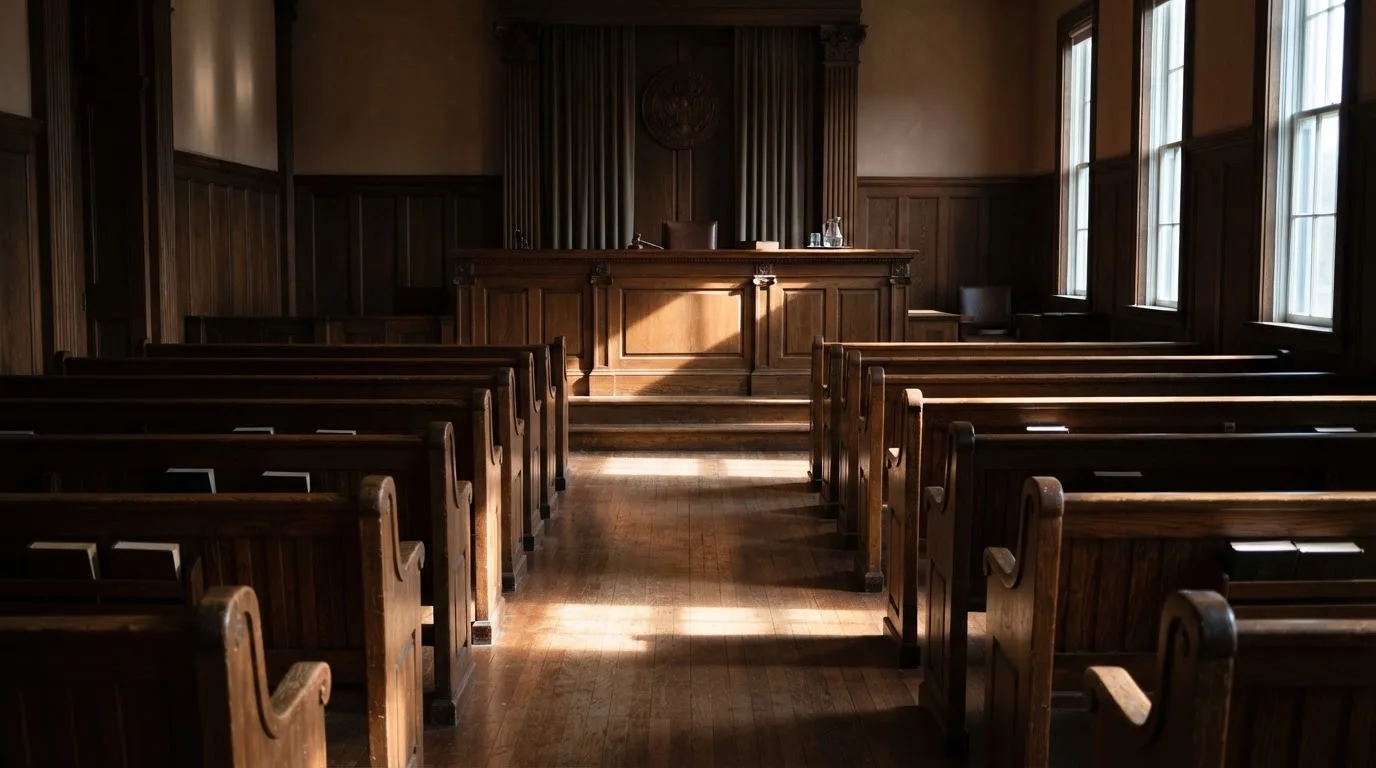 An empty courtroom with wooden benches in morning light