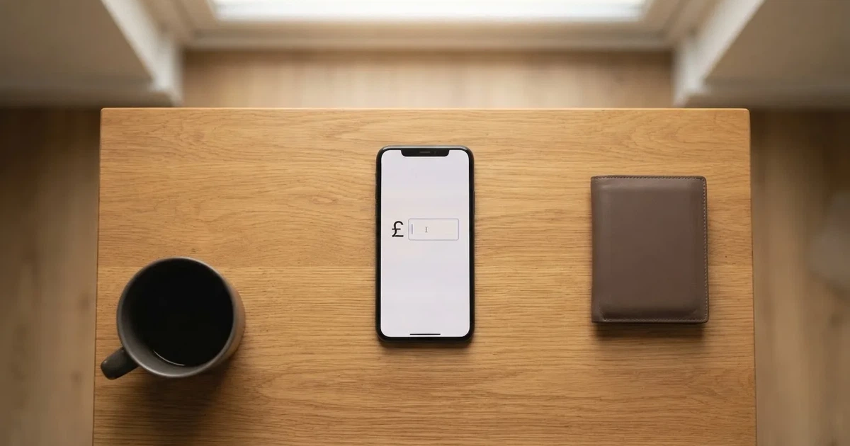 A smartphone on a wooden table beside a wallet and a coffee cup