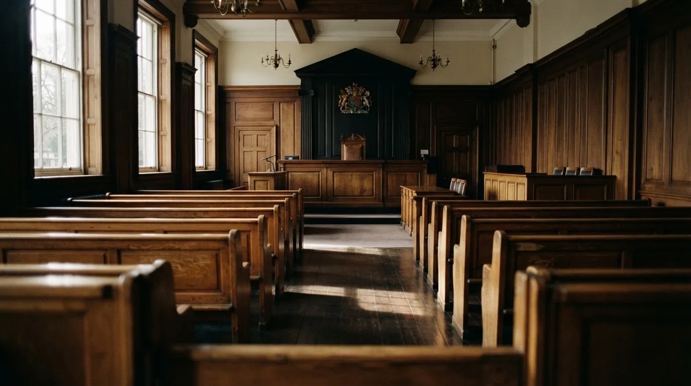 An empty courtroom with wooden benches in morning light
