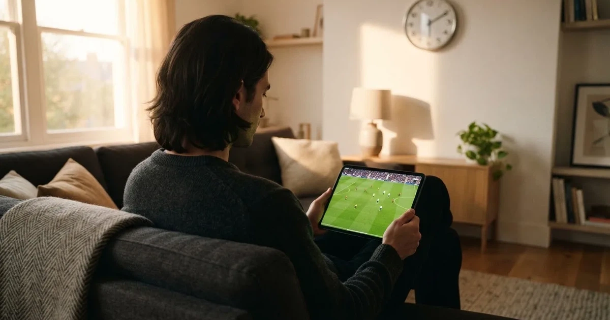 A person on a sofa looking thoughtfully at a tablet, a wall clock in the background