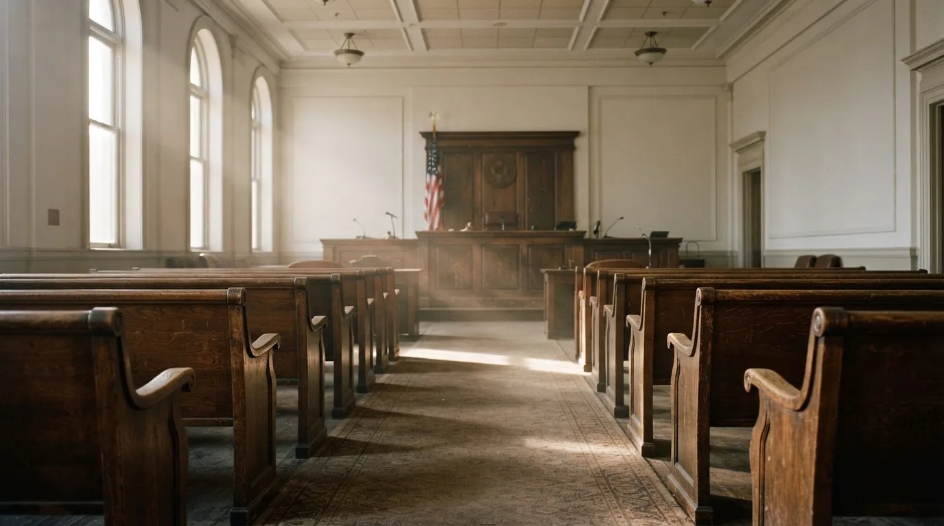 An empty courtroom with wooden benches in morning light