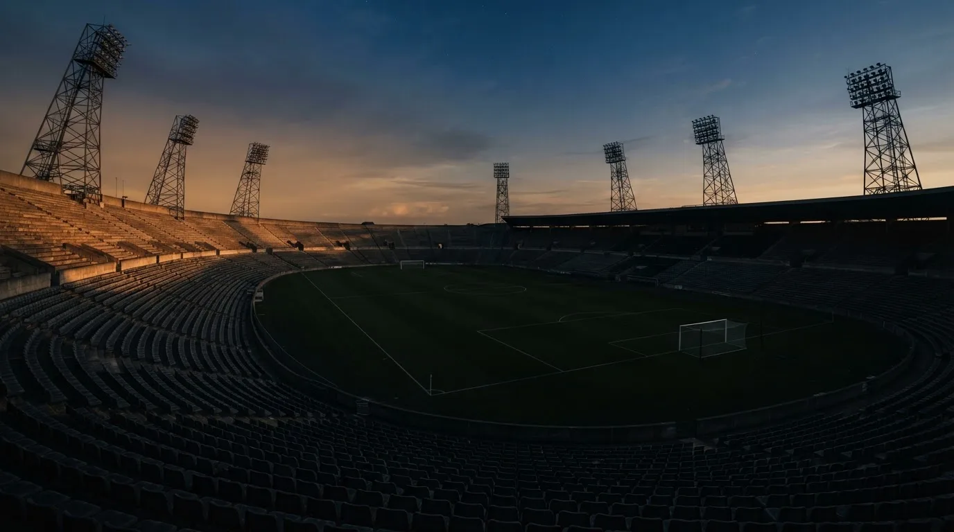 An empty football stadium with floodlight masts at dusk