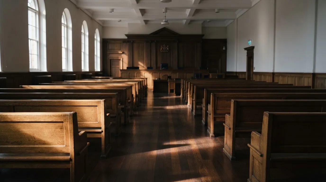 An empty courtroom with wooden benches in morning light