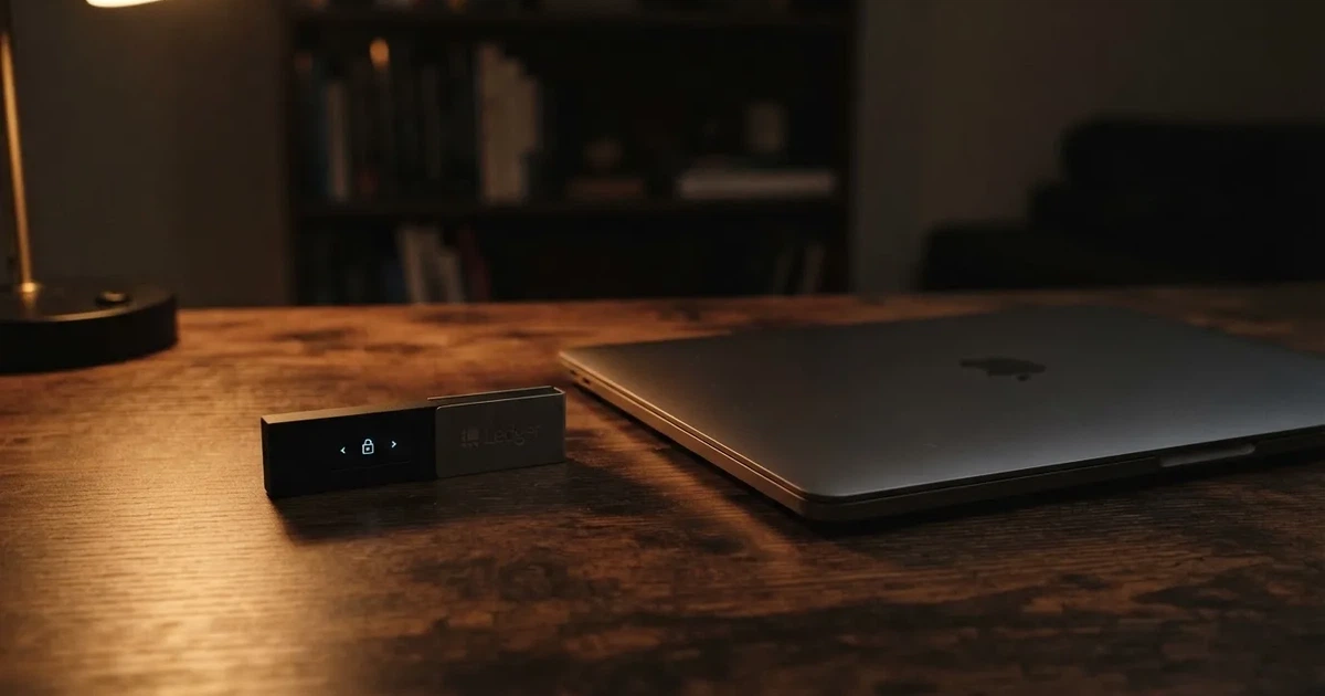 A hardware wallet and a closed laptop on a desk in dim light