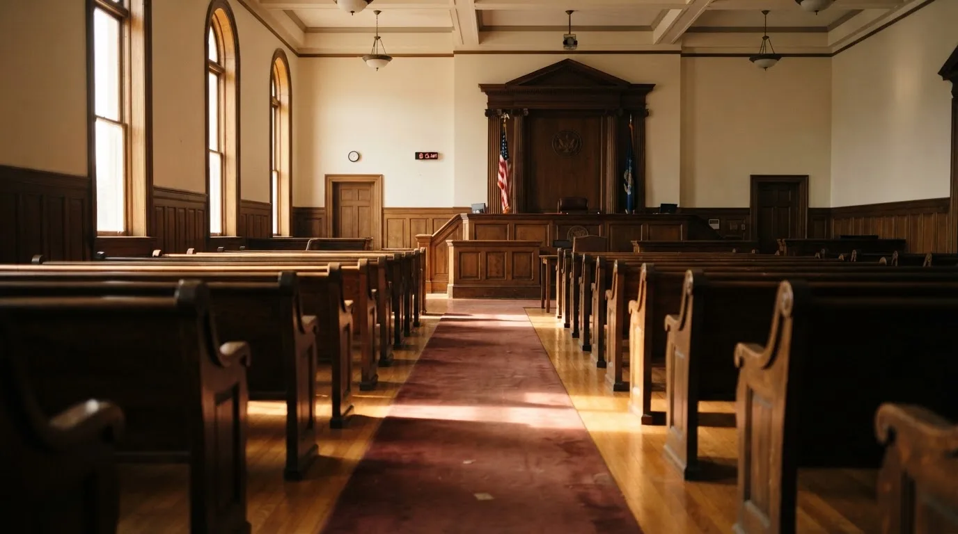An empty courtroom with wooden benches in morning light