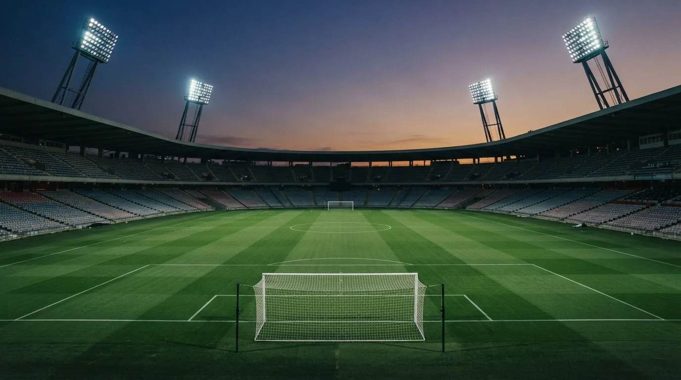 An empty football stadium with floodlight masts at dusk