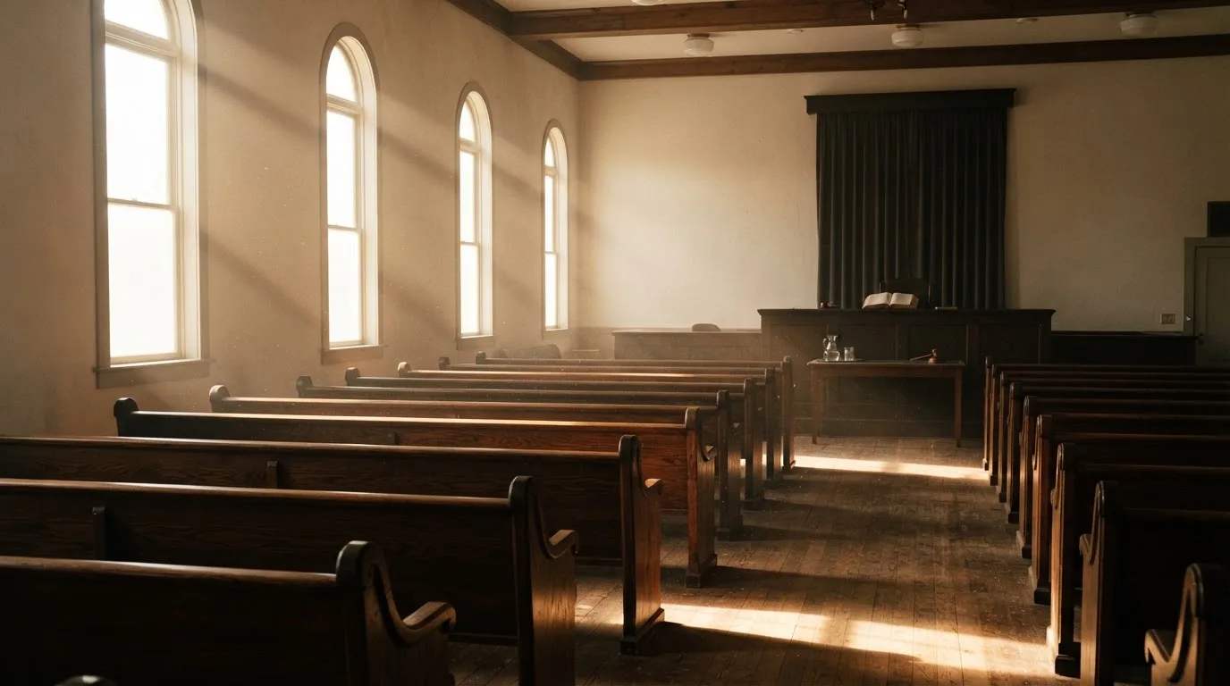 An empty courtroom with wooden benches in morning light