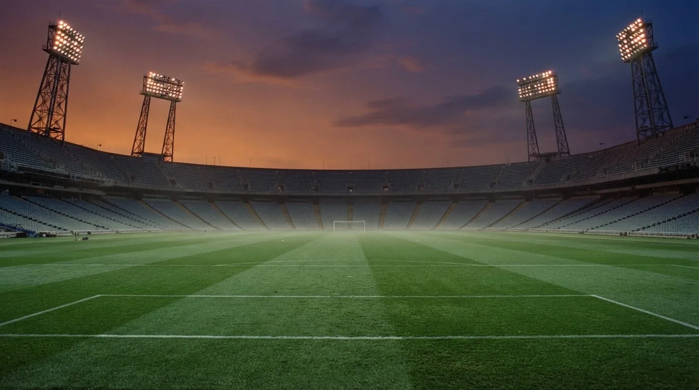 An empty football stadium with floodlight masts at dusk