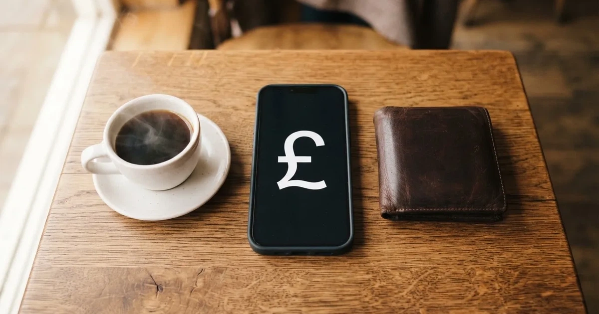 A smartphone on a wooden table beside a wallet and a coffee cup
