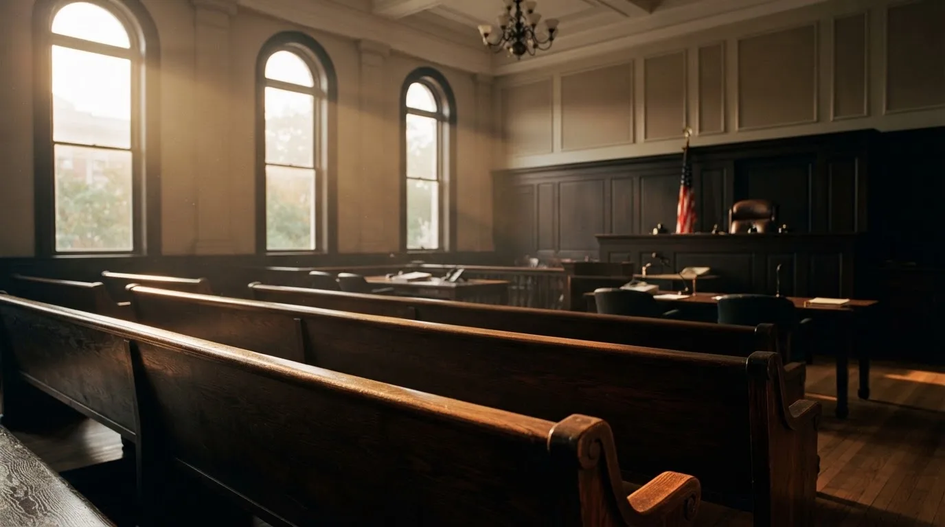 An empty courtroom with wooden benches in morning light