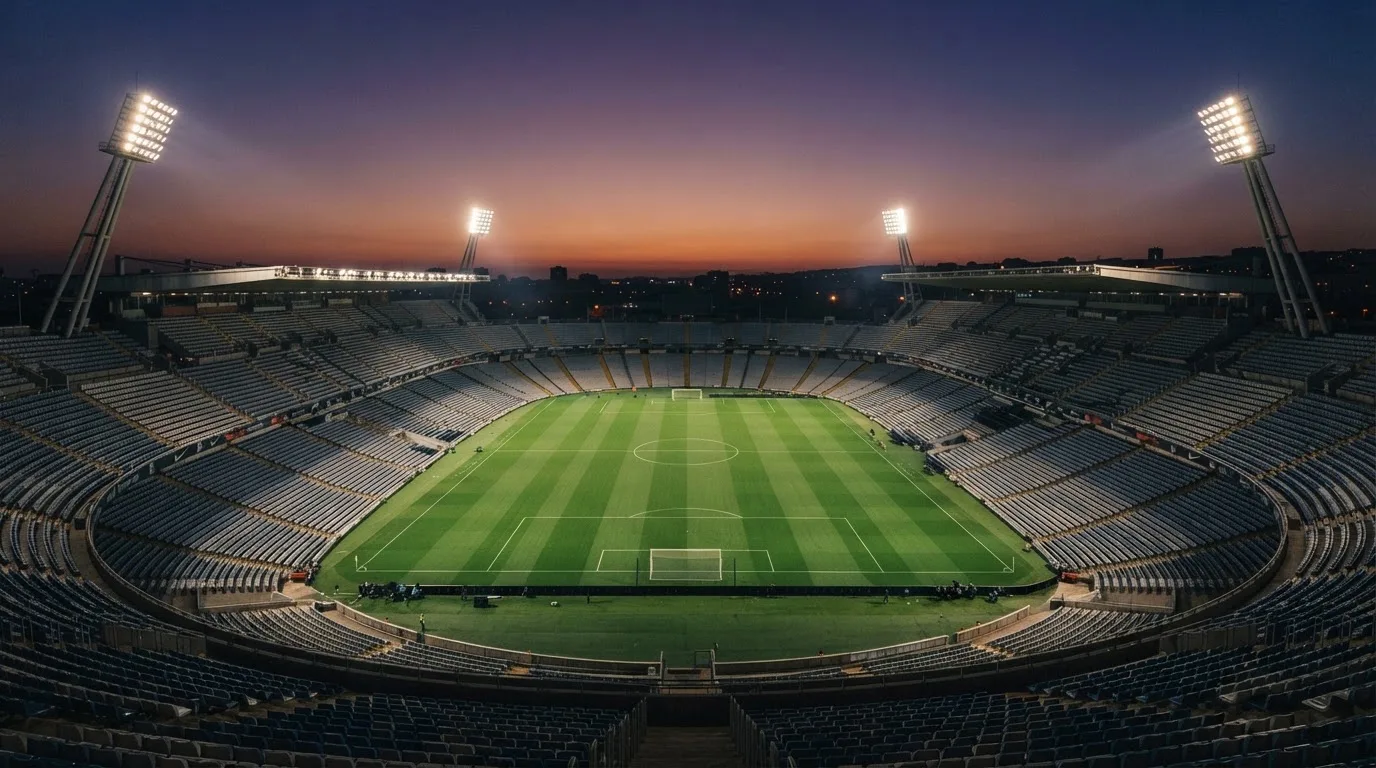 An empty football stadium with floodlight masts at dusk