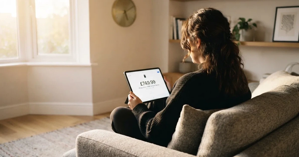A person on a sofa looking thoughtfully at a tablet, a wall clock in the background