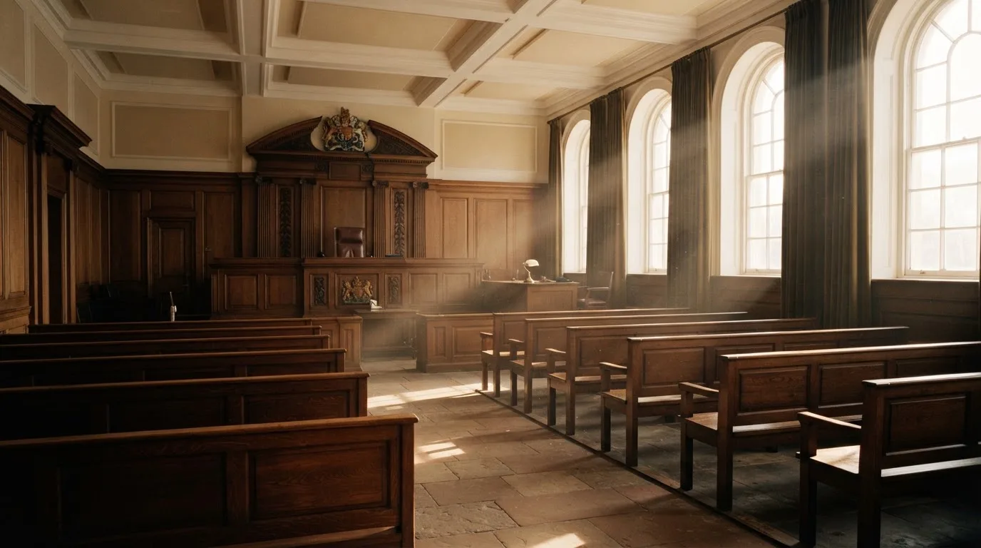 An empty courtroom with wooden benches in morning light