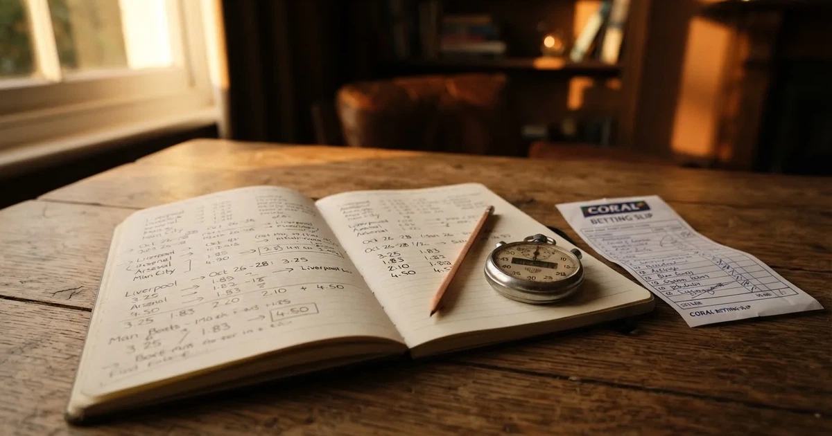 An open notebook with a pencil and a stopwatch on a wooden table