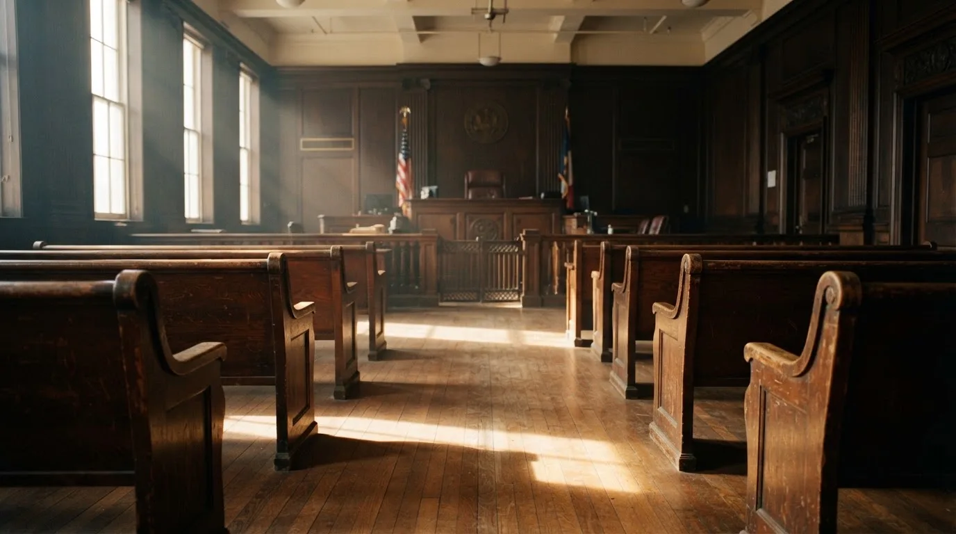 An empty courtroom with wooden benches in morning light