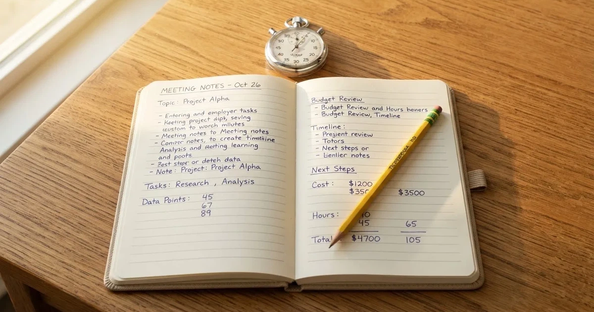 An open notebook with a pencil and a stopwatch on a wooden table