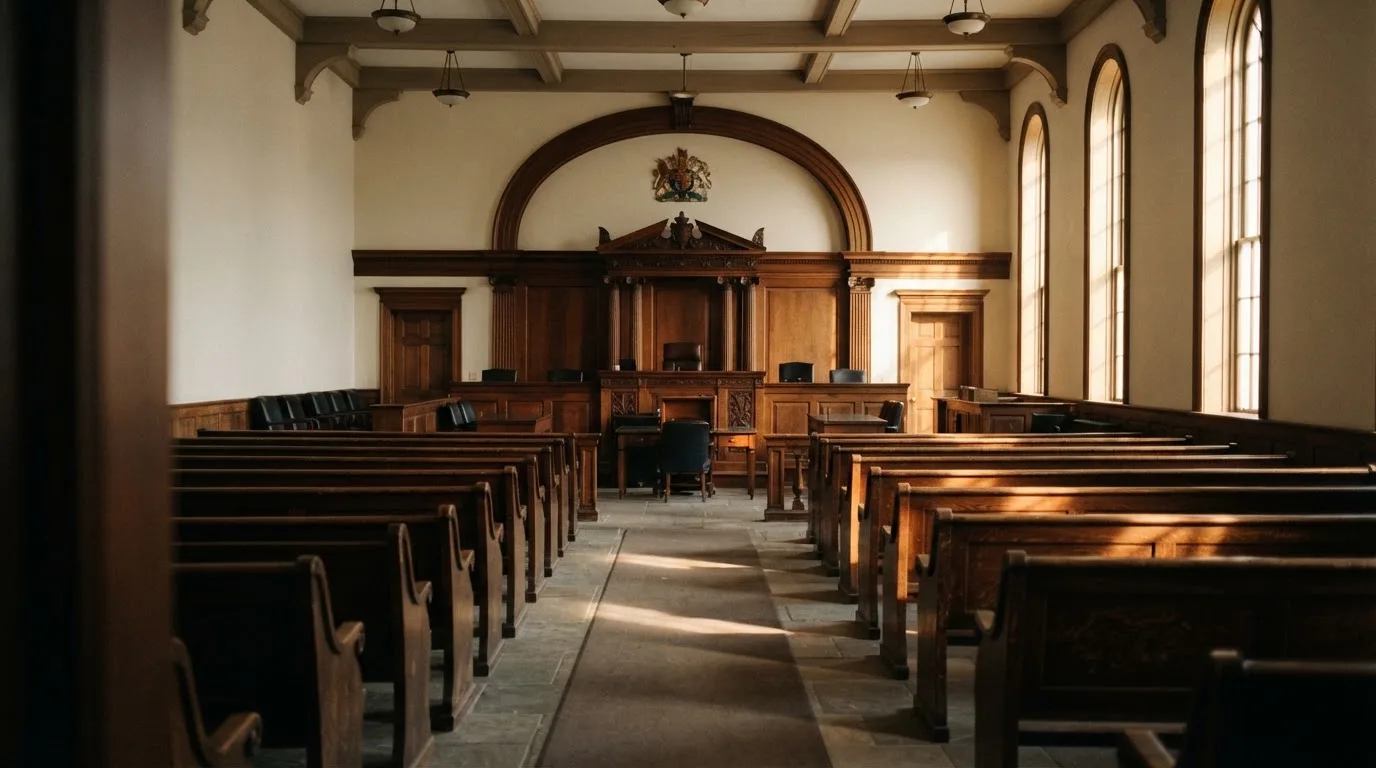 An empty courtroom with wooden benches in morning light