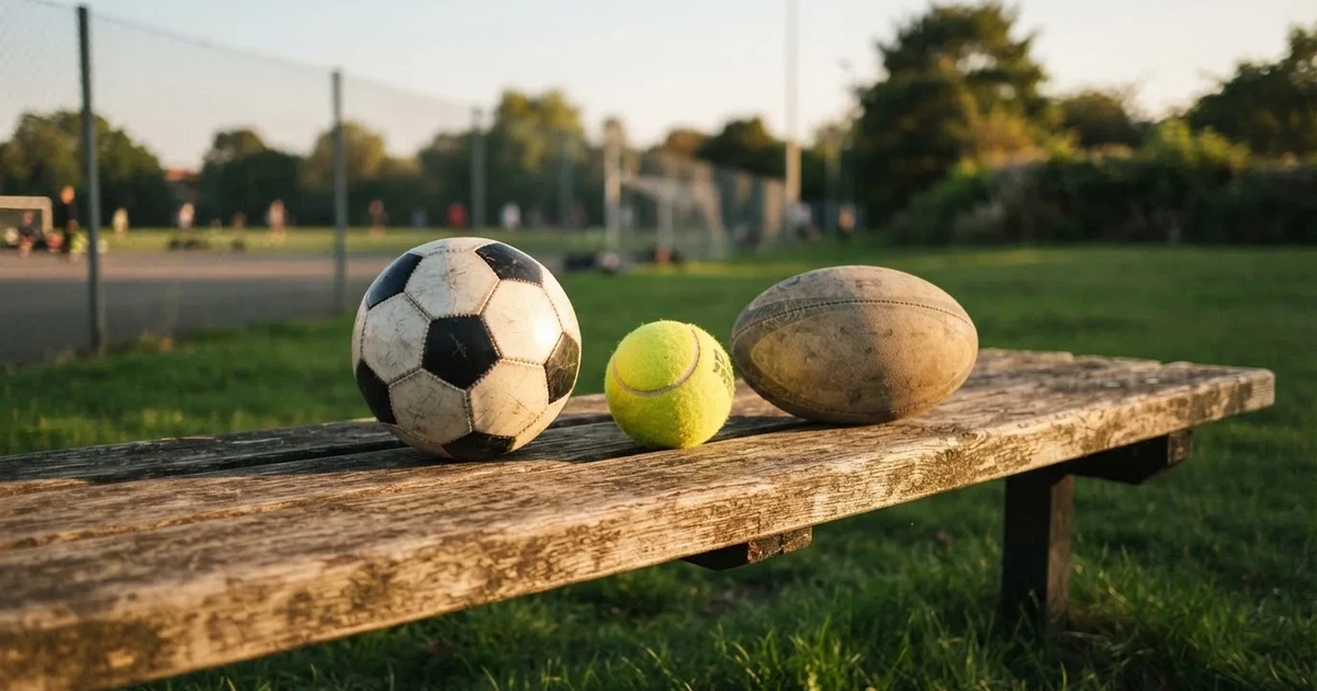 Three balls of different kinds side by side on a wooden bench
