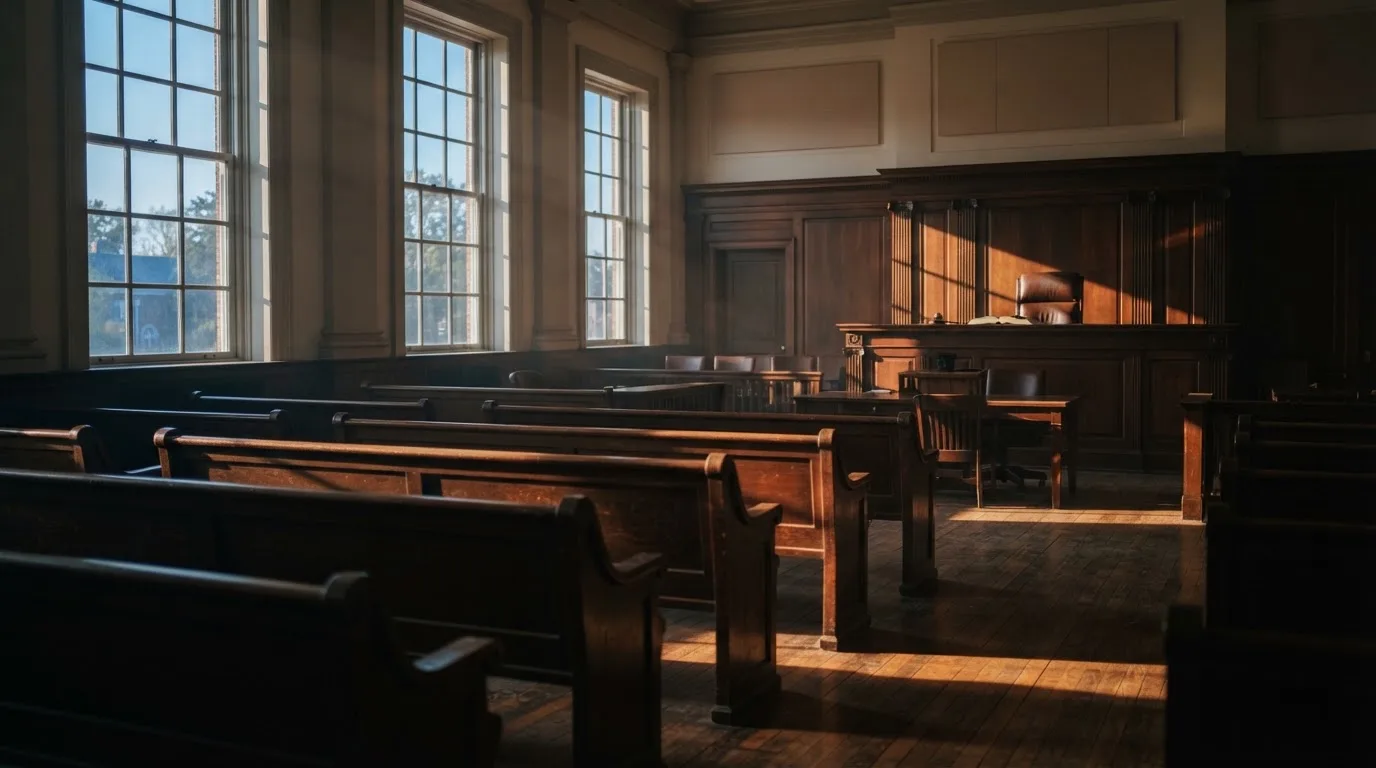 An empty courtroom with wooden benches in morning light
