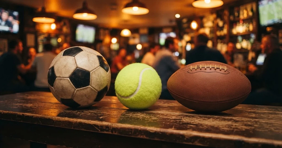 Three balls of different kinds side by side on a wooden bench