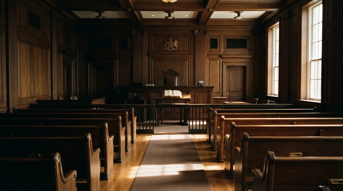 An empty courtroom with wooden benches in morning light