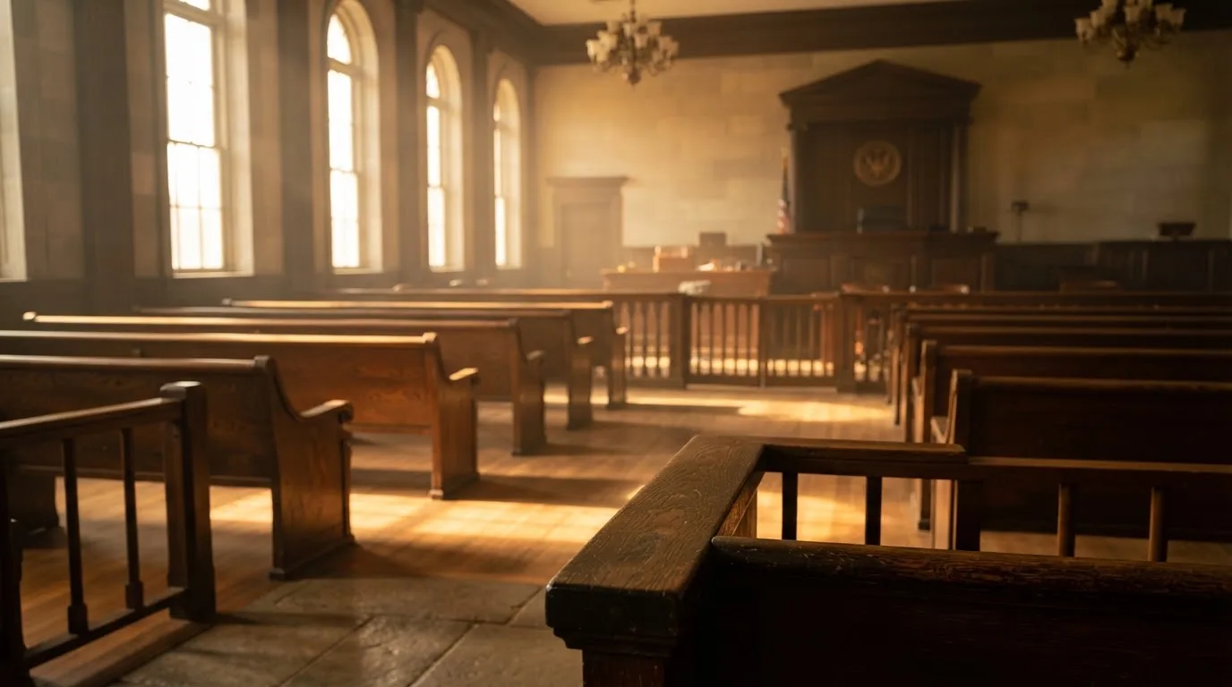 An empty courtroom with wooden benches in morning light