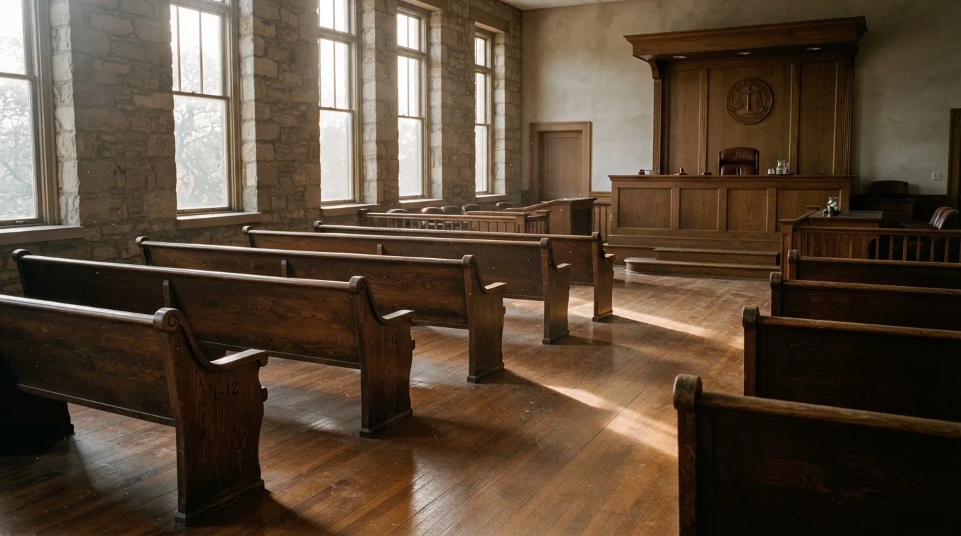 An empty courtroom with wooden benches in morning light