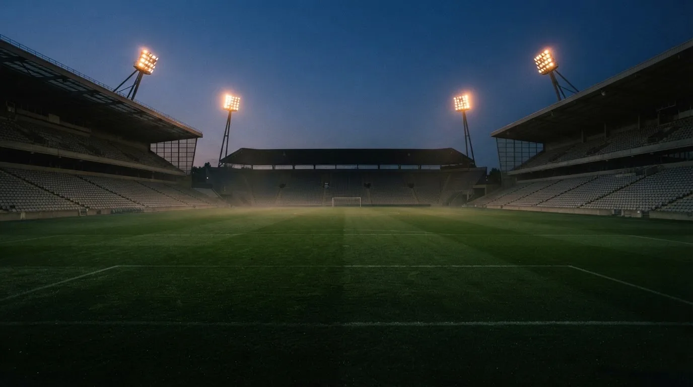 An empty football stadium with floodlight masts at dusk