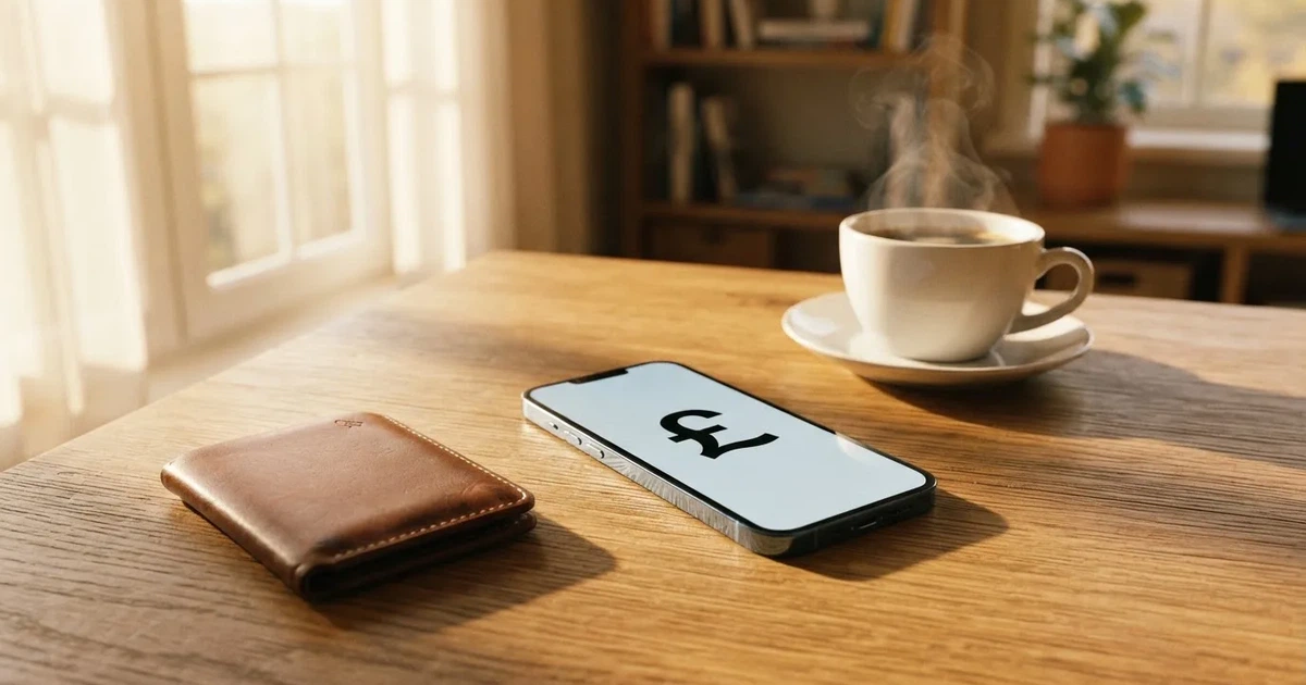 A smartphone on a wooden table beside a wallet and a coffee cup