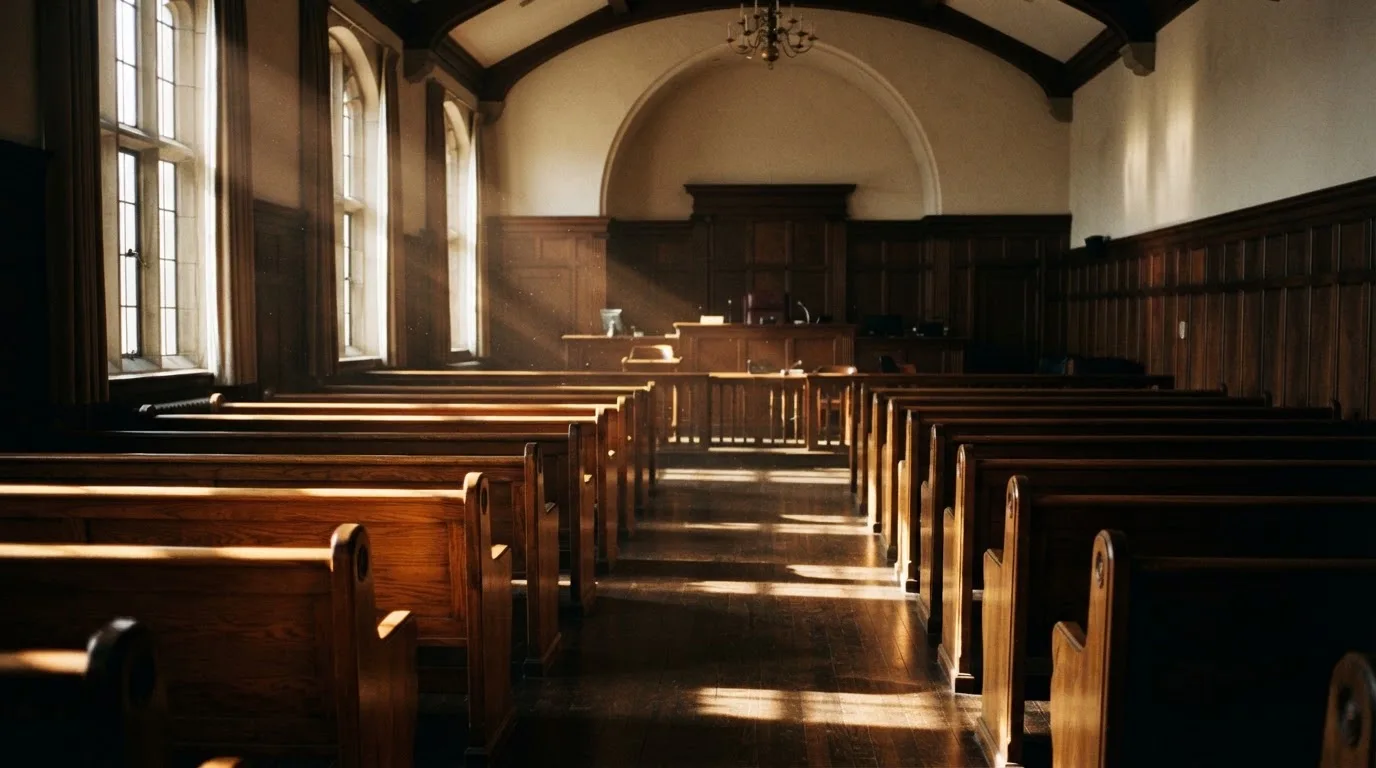 An empty courtroom with wooden benches in morning light