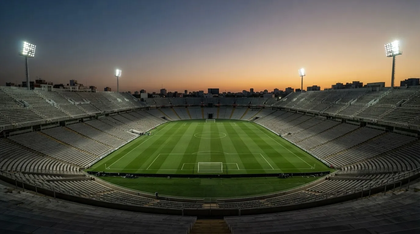 An empty football stadium with floodlight masts at dusk